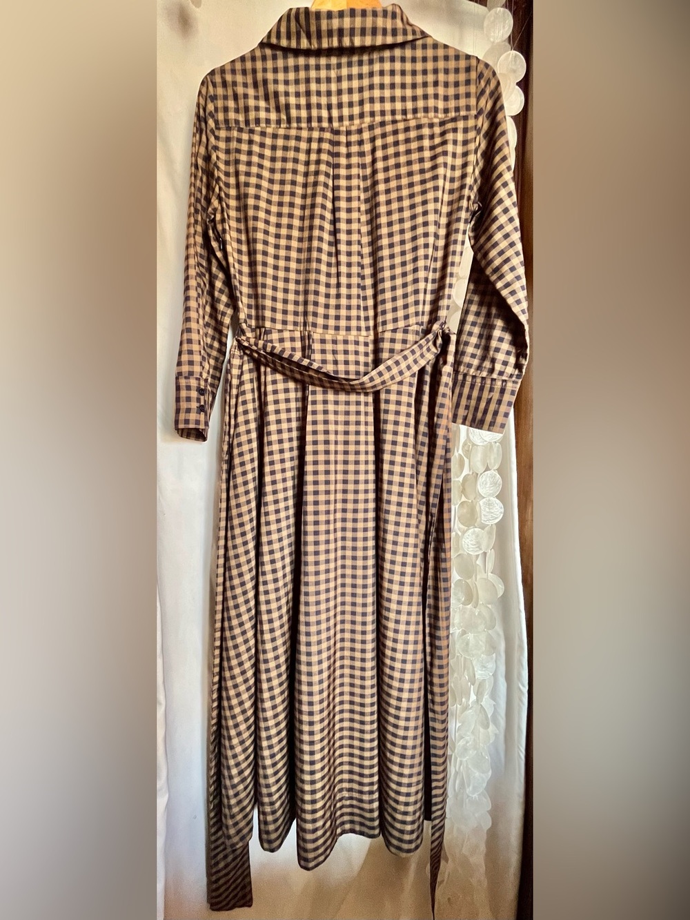 Zara Checkered Poplin Midi Shirt Dress Plaid Long Sleeves Caramel Navy Medium - Picture 12 of 16